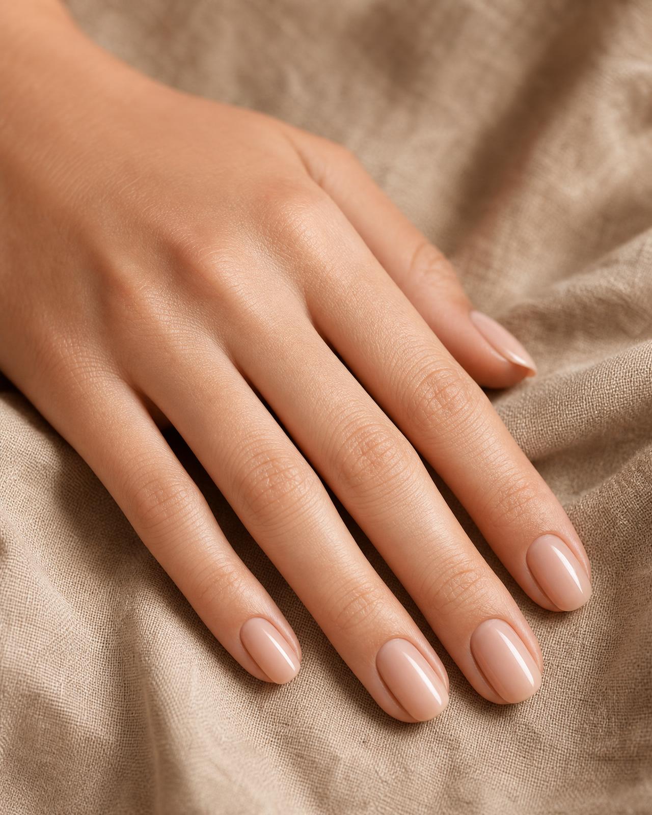 Elegant manicured hand on warm tan linen